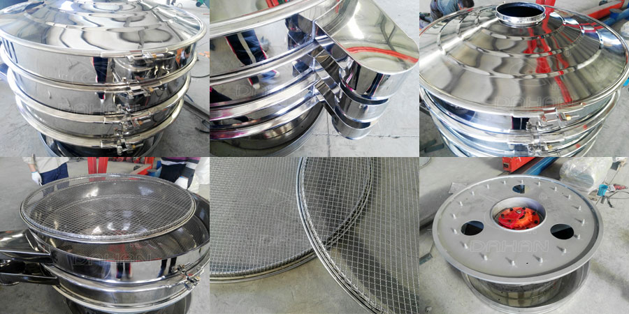 藕粉振動(dòng)篩細(xì)節(jié)：鎖緊扣，出料口，防塵蓋，篩網(wǎng)，振動(dòng)底座。