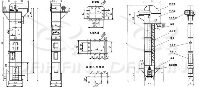 TD/D型斗式提升機(jī)基本結(jié)構(gòu):機(jī)頭蓋，機(jī)頭座，減速電機(jī)，直管，底座，緊張裝置等。