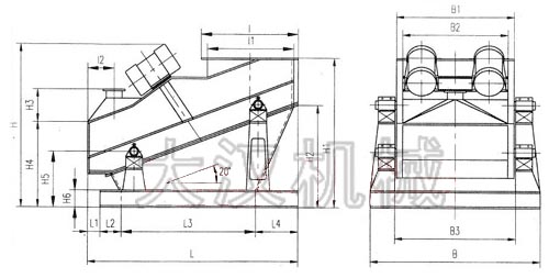 ZSG礦用振動篩外形示意圖：B為礦用振動篩寬度，L為礦用振動篩長度。H為礦用振動篩高度等。