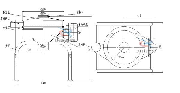 單振源直排篩機構和持續：防塵蓋（mm）：800進料口（mm）：200結構;防塵蓋，大束環，支架，振動電機，進料口等。