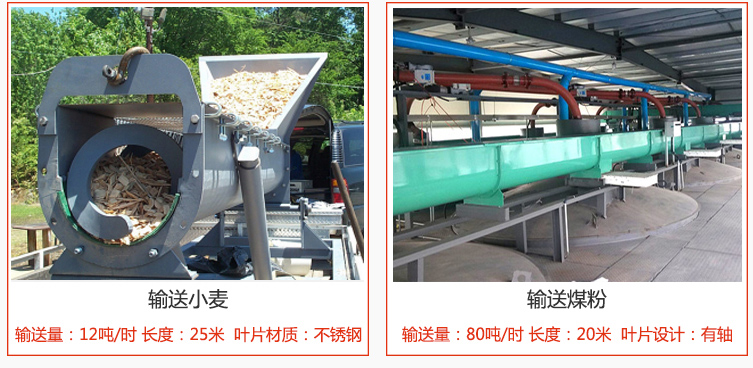 絞龍螺旋輸送機輸送小麥輸送量在12噸/時，長度為25米，葉片采用不銹鋼材質；輸送水泥輸送量在80噸/時，長度為20米，葉片設計為有軸。