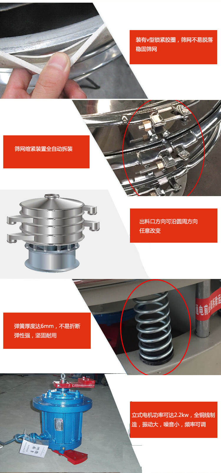 裝有V型鎖緊膠圈，使篩網(wǎng)不易脫落穩(wěn)固篩網(wǎng)，篩網(wǎng)鎖緊裝置，全自動拆裝，出料口方向可沿圓周方向任意改變。彈簧厚度達6mm，不易折斷，彈性強，堅固耐用。專業(yè)的振動電機，全銅線制造，振動大，機械噪音小，頻率可調(diào)。產(chǎn)品對比:材質(zhì)：大漢振動篩廠家采用304不銹鋼材質(zhì)耐腐蝕性，耐熱性強。個別廠家采用其它金屬材質(zhì)，耐腐蝕性，耐熱性差蒸發(fā)緩慢，烘干效率較低。大漢振動篩廠家采用金屬編織網(wǎng)，篩分精度高，效率高，篩網(wǎng)利用率高。