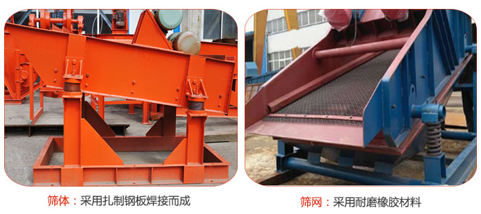礦用振動篩特點：篩體采用扎制鋼板焊接而成，篩網(wǎng)采用耐磨橡膠材質(zhì)