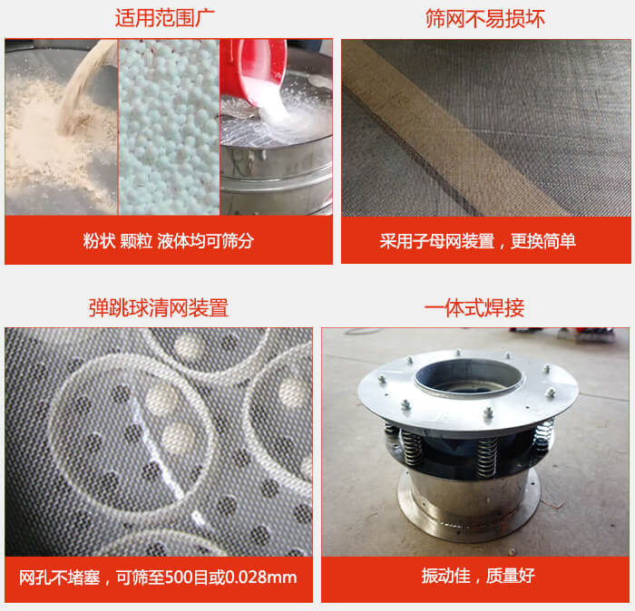 食品振動(dòng)篩特點(diǎn)：1，效率高？：效率高，設(shè)計(jì)精巧耐用，任何粉類，粘液軍可篩分。2，操作簡(jiǎn)單采用優(yōu)質(zhì)材料，換網(wǎng)容易，操作簡(jiǎn)單，清洗方便。3，網(wǎng)孔不堵塞粉末不飛揚(yáng)，可篩至500目或0.028mm4，精細(xì)做工產(chǎn)品經(jīng)過嚴(yán)格加工程序，做工精細(xì)美觀耐用。5，獨(dú)特網(wǎng)架設(shè)計(jì)篩網(wǎng)使用時(shí)間長(zhǎng)久，換網(wǎng)只需3-5分鐘。