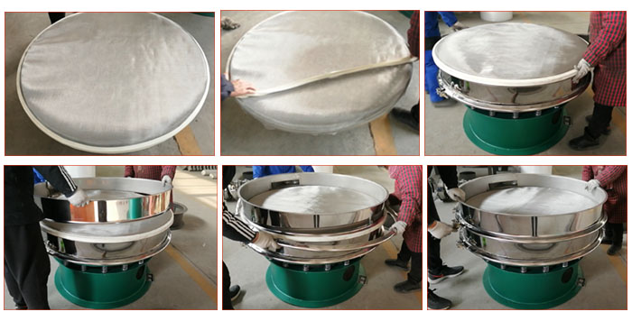 食品振動(dòng)篩網(wǎng)安裝步驟3，將密封圈安裝到網(wǎng)架周圍，將篩框放到網(wǎng)架上，并利用束環(huán)將上下兩層篩框固定在一起。