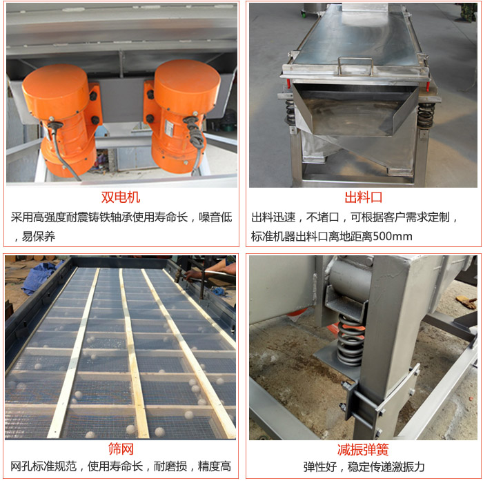 線振動篩配件優(yōu)勢：雙電機(jī)采用高強(qiáng)度耐震鑄鐵軸承使用壽命長，噪音低，易保養(yǎng)，出料口：出料迅速，不堵口，可根據(jù)客戶需求定制標(biāo)準(zhǔn)機(jī)器出料口離地距離500mm。篩網(wǎng)：網(wǎng)孔標(biāo)準(zhǔn)規(guī)范，使用壽命長，耐磨損，精度高。減震彈簧彈性好，穩(wěn)定傳遞激振力。