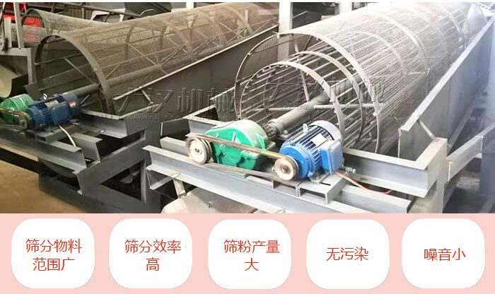 滾筒篩分機(jī)主要特點(diǎn)：篩分物料范圍廣，篩分效率高，篩分產(chǎn)量大，無污染，噪音小。