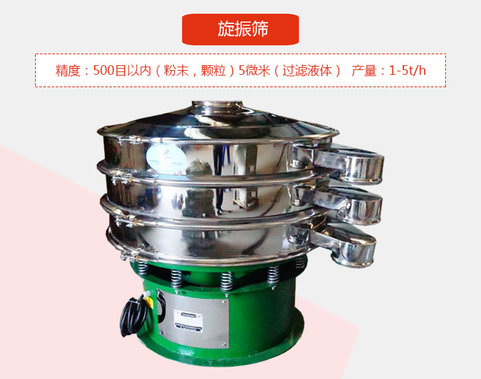 旋振篩精度：500目以內(nèi)（粉末，顆粒）5微米（過濾液體）產(chǎn)量：1-5t/h