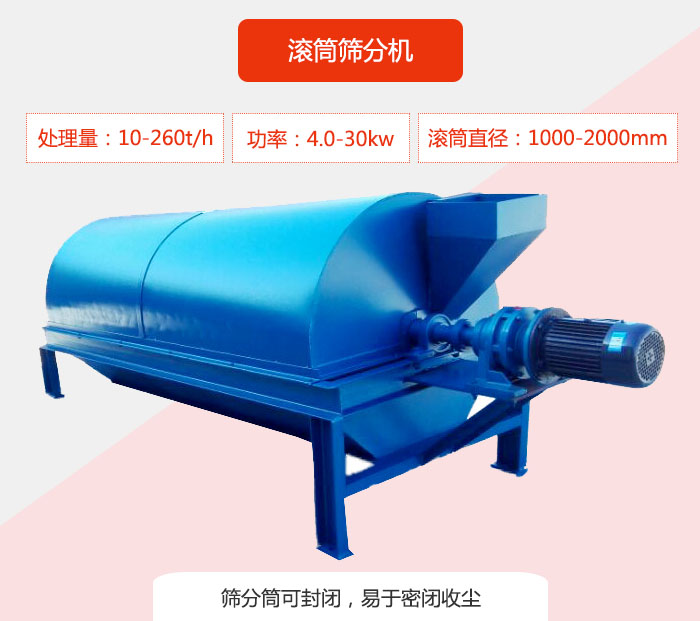 滾筒篩分機(jī)：處理能力：10-260t/h  功率：4.0-30kw 滾筒直徑：1000-2000mm 篩分筒可封閉，易于密閉收塵