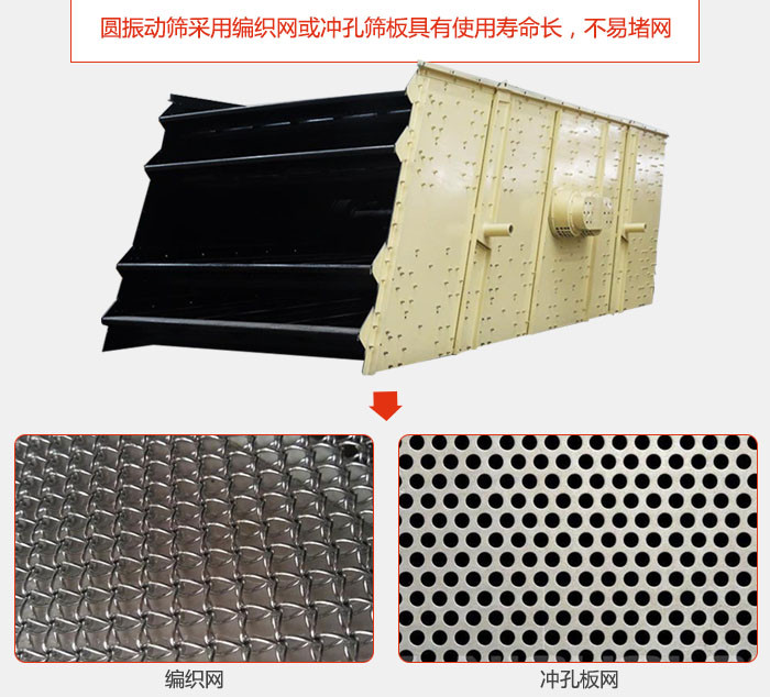 圓振動篩采用編織網(wǎng)或沖孔篩板具有使用壽命長，不易堵網(wǎng)。