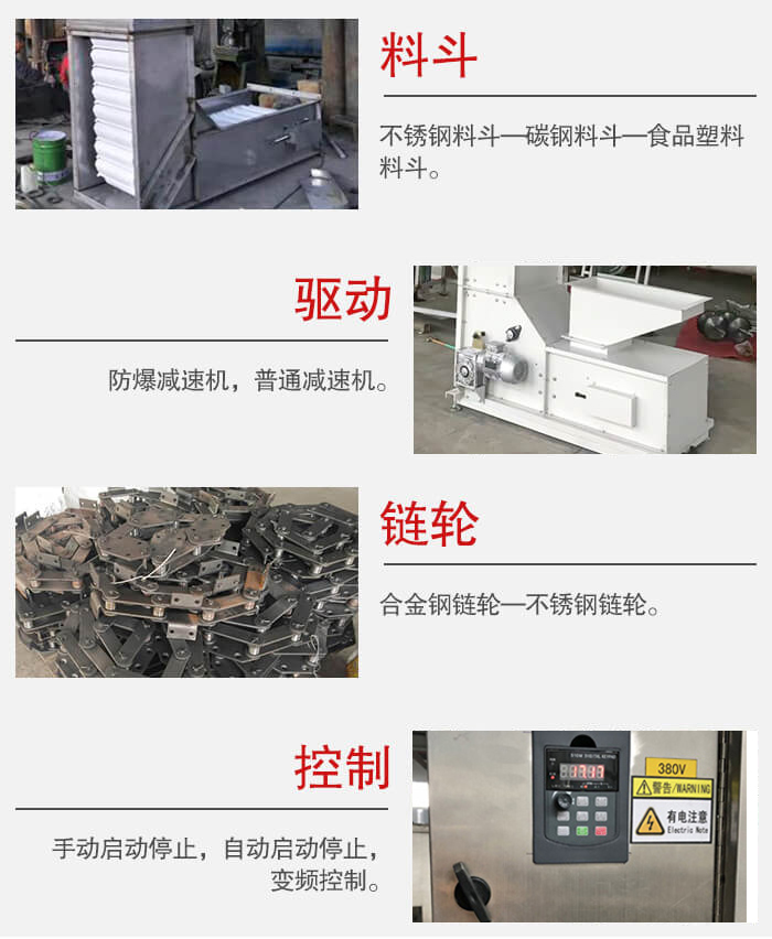 z型斗式提升機(jī)料斗：不銹鋼料斗-碳鋼料斗-食品塑料料斗。驅(qū)動(dòng)裝置采用的式防爆減速機(jī)，普通減速機(jī)兩種。鏈輪采用合金鏈輪-不銹鋼鏈輪控制器：手動(dòng)啟動(dòng)/停止，以及自動(dòng)啟動(dòng)停止。