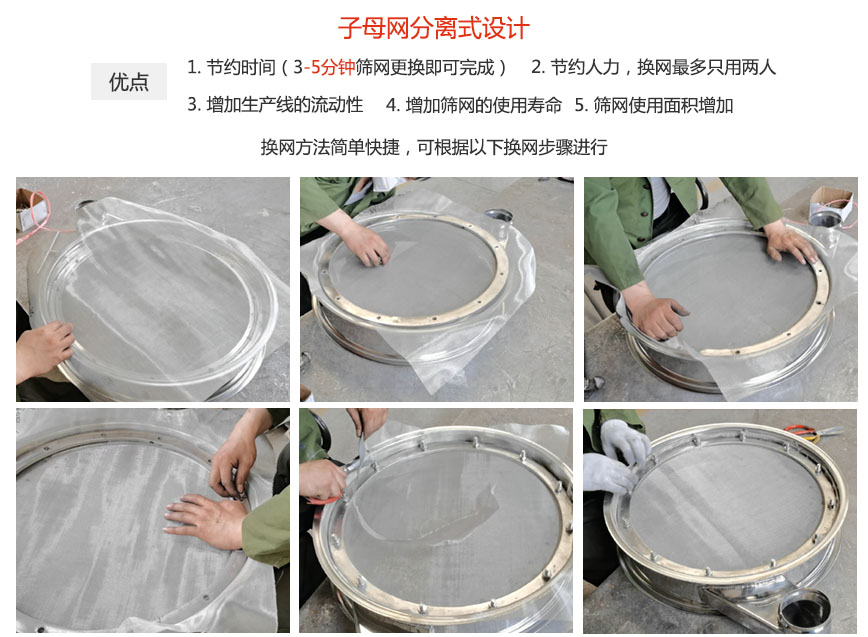 大漢振動機械換網(wǎng)優(yōu)勢：1，節(jié)省時間（3-5分鐘篩網(wǎng)更換即可完成）2，節(jié)省人力，換網(wǎng)只有兩人。3.增加生產(chǎn)線的流暢性。4.增加篩網(wǎng)壽命，彈跳球不直接撞擊子網(wǎng)。5.篩網(wǎng)使用面積增加。