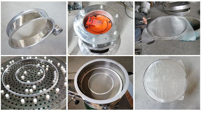 不銹鋼小型振動篩細(xì)節(jié)：振動篩篩框，振動電機座，篩網(wǎng)，彈跳球，密封圈，篩網(wǎng)網(wǎng)架。
