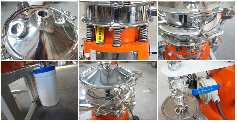 氣體保護(hù)超聲波振動篩細(xì)節(jié)：控制閥，料罐，篩網(wǎng)。