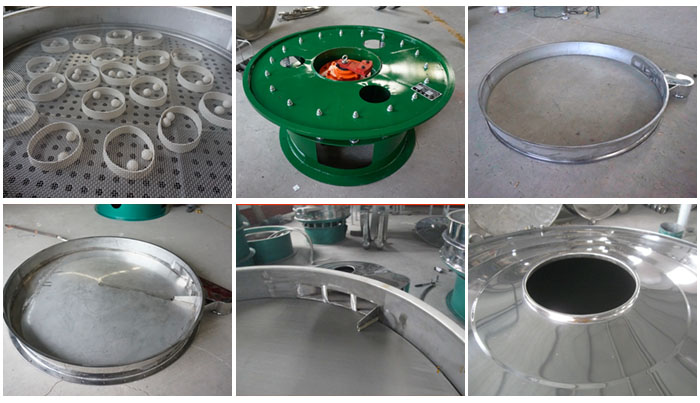 大型旋振篩細(xì)節(jié)：大型旋振篩篩網(wǎng)，大型旋振篩篩框，大型旋振篩防塵蓋。