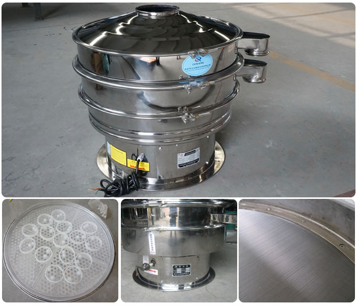 1000型全不銹鋼振動篩細節(jié)展示：振動篩網(wǎng)，震動篩底座，振動篩篩網(wǎng)。