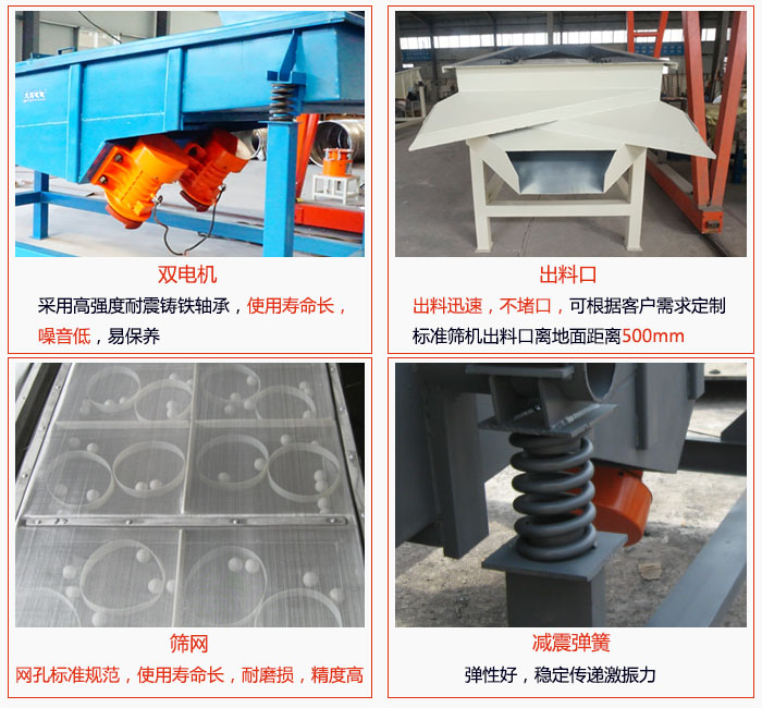 1030直線振動(dòng)篩雙電機(jī)采用高強(qiáng)度耐震鑄鐵軸承使用壽命長(zhǎng)、噪音低，易保養(yǎng)；出料口排料迅速，不堵口，可根據(jù)客戶需求定制，標(biāo)準(zhǔn)機(jī)器出料口離地面距離500mm;篩網(wǎng)網(wǎng)孔標(biāo)準(zhǔn)規(guī)范、使用壽命長(zhǎng)，耐磨損、精度高；減震彈簧：彈性好，穩(wěn)定傳遞激振力。