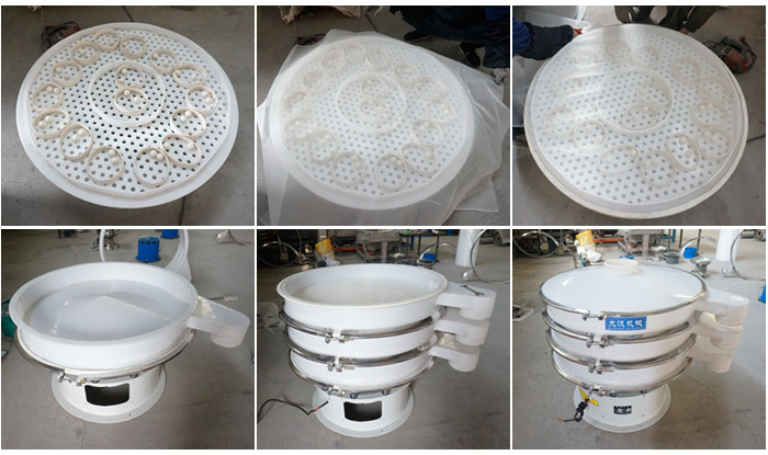 安裝塑料網(wǎng)架的空心U形網(wǎng)架，安裝清網(wǎng)裝置（擋球環(huán)和彈跳球），細(xì)網(wǎng)安裝到網(wǎng)架和清網(wǎng)裝置上面；安裝底框，將裝好的網(wǎng)架放到地框上再放一層篩框，安裝束環(huán)與防塵蓋，雙層塑料振動篩安裝完畢