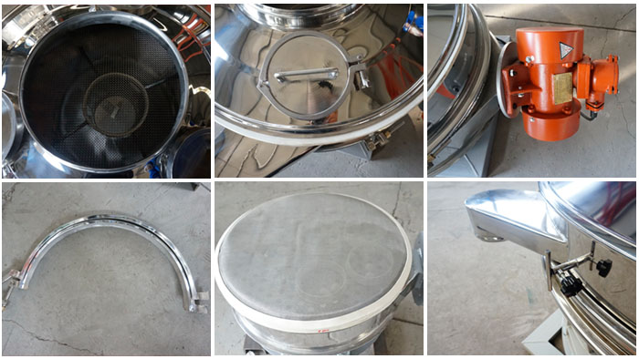 單振源直排篩細節展示：防塵蓋，振動源，振動篩網，大束環，控制開關等。