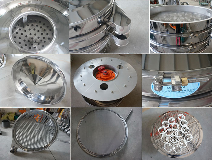 里外剖光振動(dòng)篩細(xì)節(jié)：防塵蓋拋光效果，篩框拋光效果，振動(dòng)篩底座拋光效果，振動(dòng)篩網(wǎng)架拋光效果等。