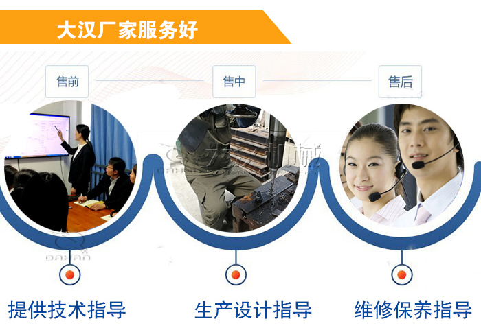 大漢廠家服務(wù)流程：售前-售中-售后：提供技術(shù)指導(dǎo)，生產(chǎn)設(shè)計(jì)指導(dǎo)，維修保養(yǎng)指導(dǎo)。