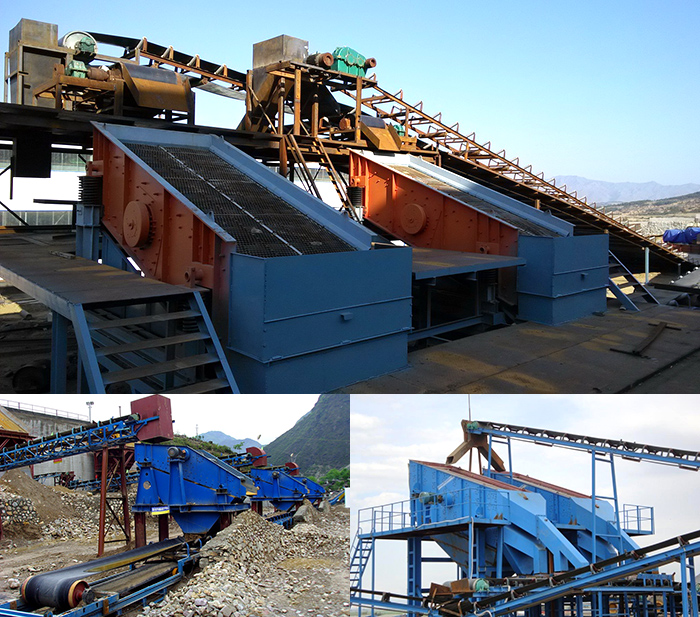 礦用振動(dòng)篩石子篩分現(xiàn)場(chǎng)。