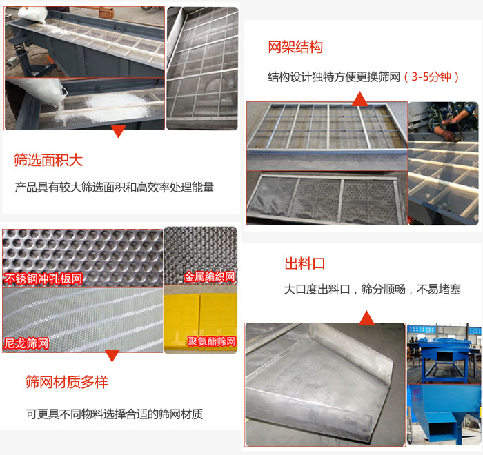 多層直線振動篩篩選面積大，網(wǎng)架結(jié)構(gòu)方便篩網(wǎng)更換，篩網(wǎng)可選：不銹鋼沖孔板，金屬編織，尼龍篩網(wǎng)，聚氨酯篩網(wǎng)等。