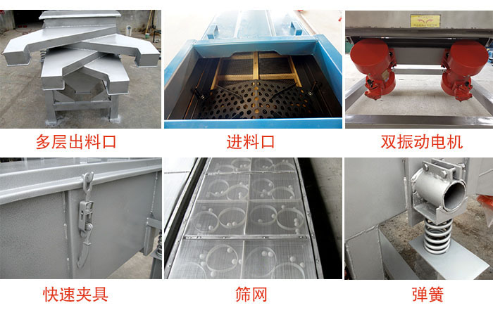 多層直線振動篩出料口，篩網(wǎng)，彈簧，快速夾具，振動電機等