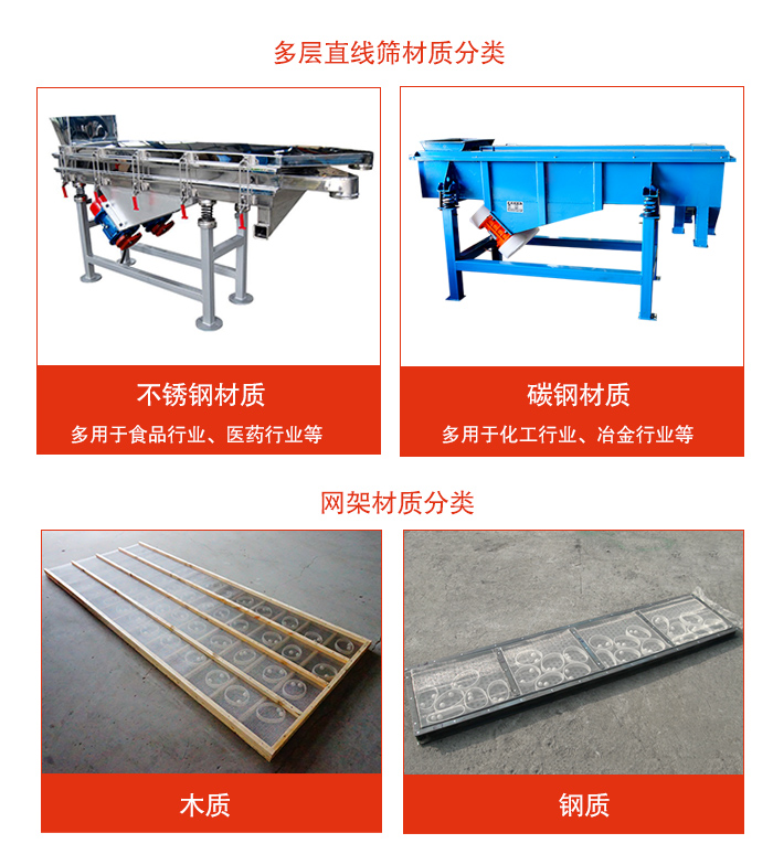 多層直線振動篩材質(zhì)有：不銹鋼，碳鋼；網(wǎng)架材質(zhì)有木質(zhì)，鋼質(zhì)等。