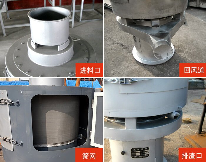 氣流篩分機(jī)進(jìn)料口，回風(fēng)道，篩網(wǎng)，排渣口。