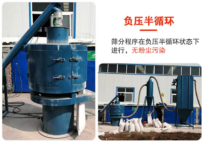 氣流篩負(fù)壓半循環(huán)，篩分程序在負(fù)壓版循環(huán)狀態(tài)下進(jìn)行，無粉塵污染。