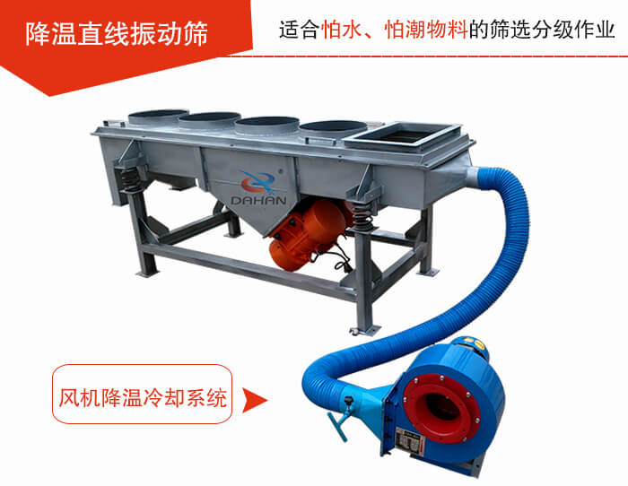 降溫直線振動篩加裝風(fēng)機(jī)或水箱降溫方式完成物料的降溫需求。