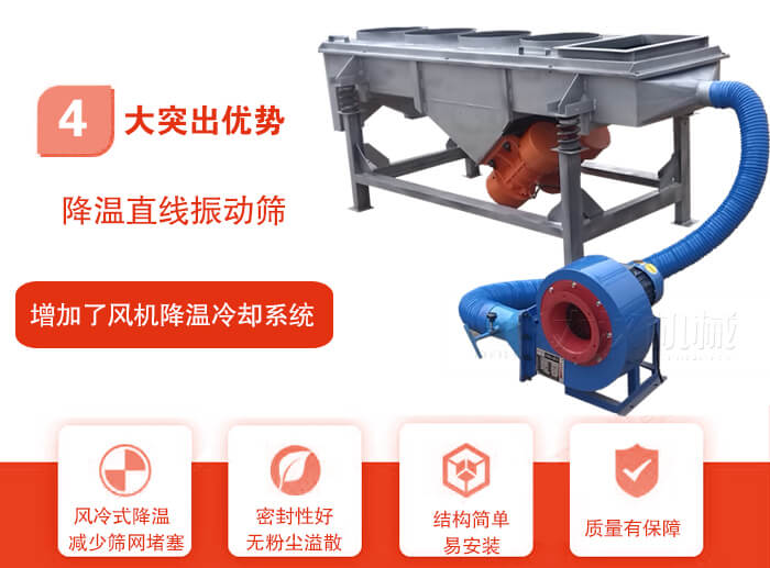 降溫直線振動篩性能特點(diǎn)：1，技術(shù)成熟，質(zhì)量可靠，篩分精度高，處理量大。2，風(fēng)冷式降溫系統(tǒng)設(shè)計(jì)，快速有效降溫。3，適用范圍廣，可應(yīng)用于各種需要降溫的物料。4，設(shè)計(jì)精巧合理，結(jié)構(gòu)簡單，易安裝，耗能少，噪音低5，篩網(wǎng)使用壽命長，換網(wǎng)更方便，快捷6，設(shè)備整體密封性好，無粉塵溢散。