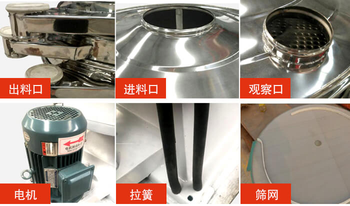 搖擺篩細(xì)節(jié)展示：出料口，進(jìn)料口，觀察口，電機(jī)，拉簧，篩網(wǎng)等。