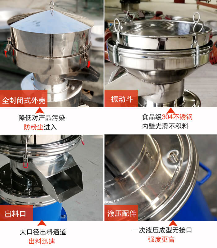 450過濾篩機(jī)結(jié)構(gòu)組成：全封閉式外殼設(shè)計(jì)：對(duì)產(chǎn)品的污染低，防塵粉進(jìn)入電機(jī)內(nèi)部延長(zhǎng)設(shè)備壽命。振動(dòng)斗：食品304不銹鋼篩斗，內(nèi)壁光滑不存在積料現(xiàn)象。出料口，大口徑出料通道，出料迅速，提高工作效率。液壓配件：一次液壓成型無接口強(qiáng)度更高。