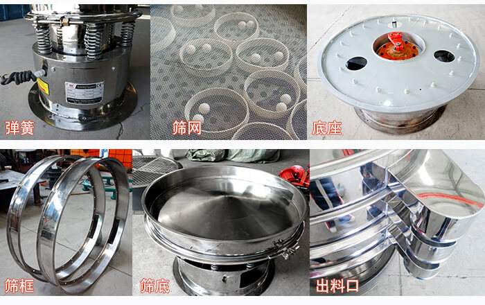 細(xì)節(jié)展示：篩框，篩網(wǎng)，振動(dòng)底座，振動(dòng)體，出料口。