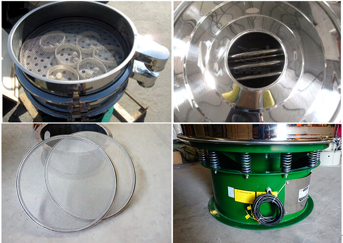 單層振動(dòng)篩細(xì)節(jié)：篩網(wǎng)，進(jìn)料口，振動(dòng)彈簧，彈跳球。